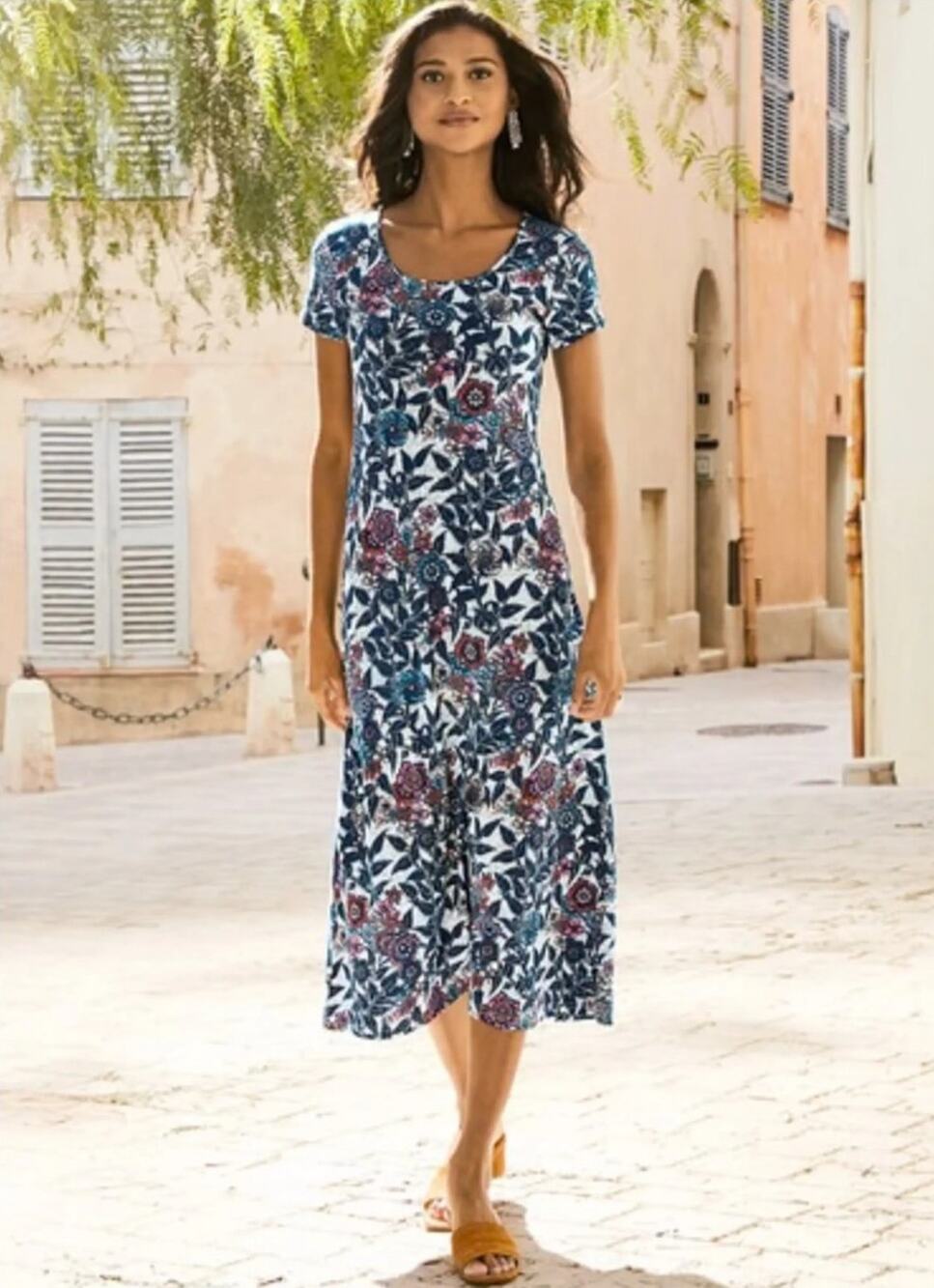 Peruvian Connection Folk Flower Blue Pima Cotton Midi Dress New XL